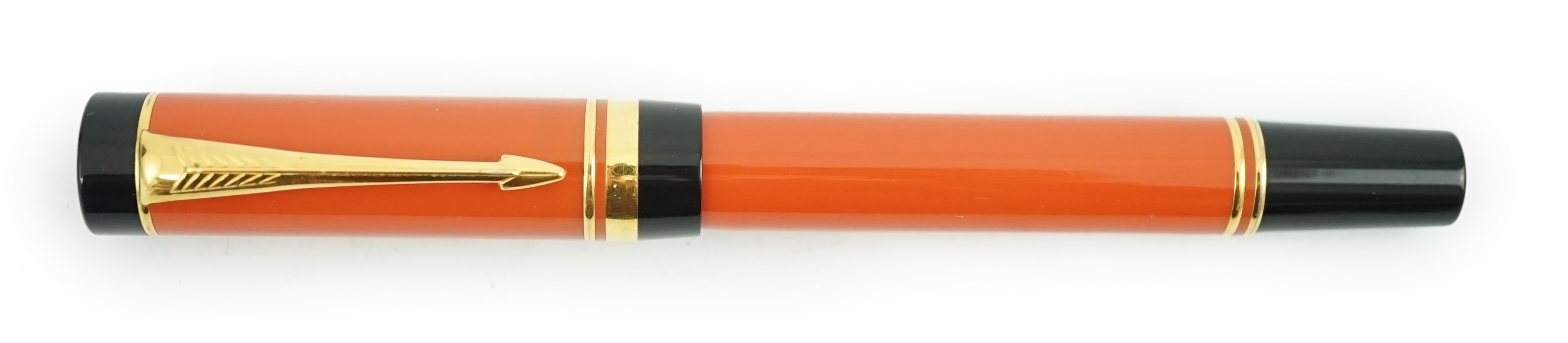 A Parker Duofold orange international fountain pen, in black case